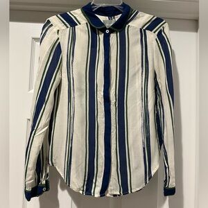 Anthropologie Maeve Button Down Shirt with Navy and Green stripes on White.